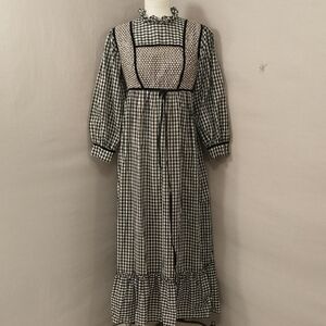 60s Gingham Check Prairie Dress Maxi Ruffled Black & White Sweet Country Look